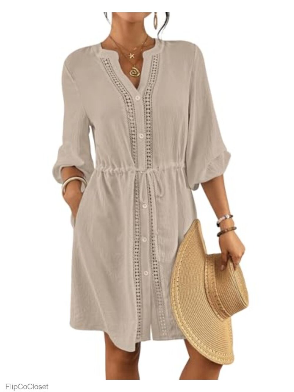 V-Neck Swim Coverup Button Down Beach Dress 3/4 Sleeve